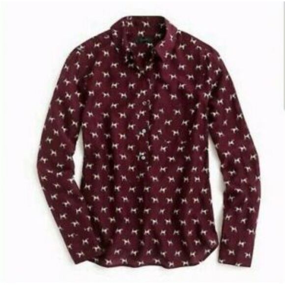 J. Crew Popover Silk Blend Terrier Print Blouse - Burgundy 10 - Picture 2 of 8